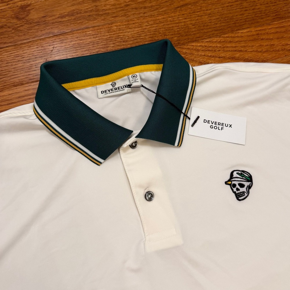 New Devereux Golf Polo Shirt Mens XL White Skull Head Logo Performance - Picture 2 of 14